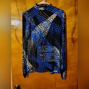 Cato 1946 EST Brand,Women's Black and Blue Patterned Turtleneck Blouse, Small